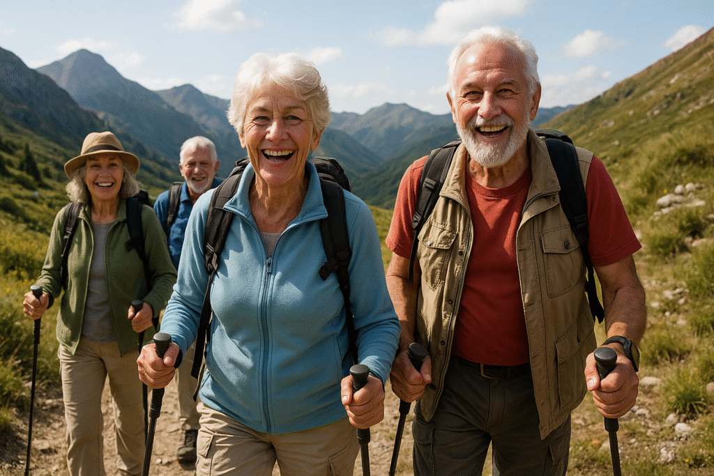 Healthy seniors in their 60s hiking outdoors demonstrating active aging and vitality